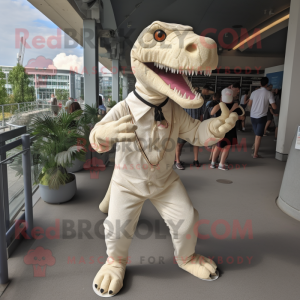 Cream Allosaurus mascot costume character dressed with a Playsuit and Belts