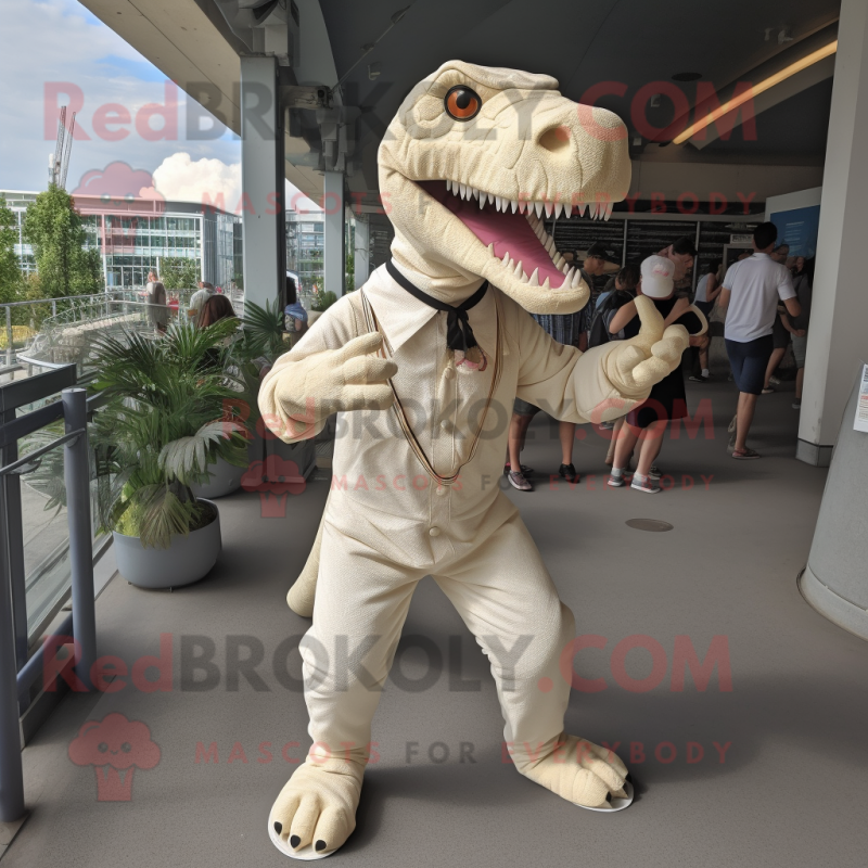 Cream Allosaurus mascot costume character dressed with a Playsuit and Belts Cream Allosaurus mascot costume character dressed with a Playsuit and Belts