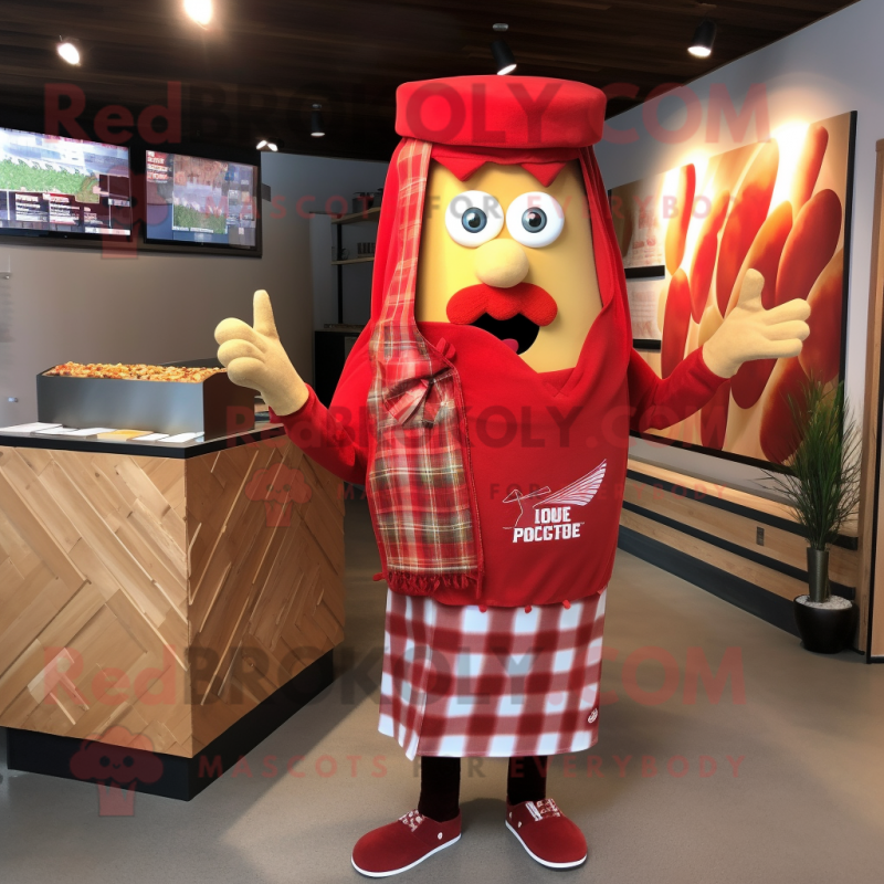Red French Fries mascot costume character dressed with a Flannel Shirt and Scarf clips Red French Fries mascot costume character dressed with a Flannel Shirt and Scarf clips