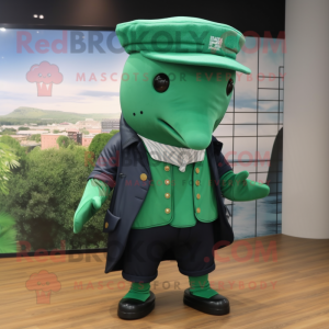 Forest Green Humpback Whale mascot costume character dressed with a Dress Pants and Berets
