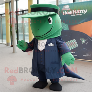 Forest Green Humpback Whale mascot costume character dressed with a Dress Pants and Berets