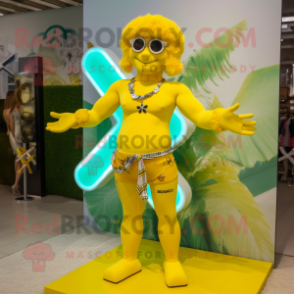 Yellow Celtic Cross mascot costume character dressed with a Swimwear and Bracelet watches