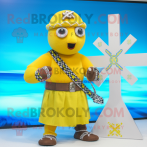 Yellow Celtic Cross mascot costume character dressed with a Swimwear and Bracelet watches