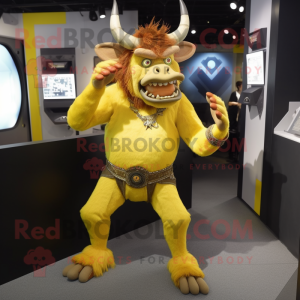 Yellow Minotaur mascot costume character dressed with a Skinny Jeans and Bracelets