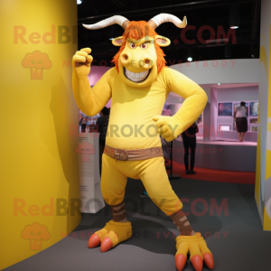 Yellow Minotaur mascot costume character dressed with a Skinny Jeans and Bracelets