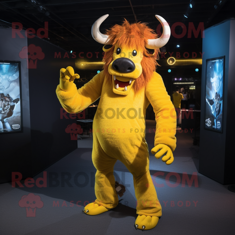 Yellow Minotaur mascot costume character dressed with a Skinny Jeans and Bracelets