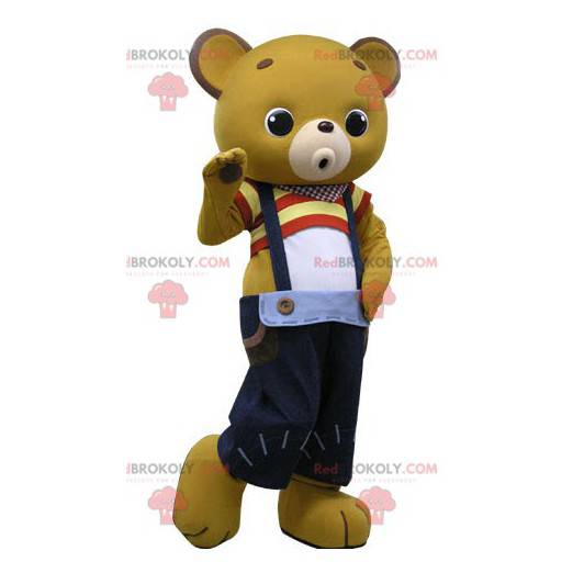 Gelbes Teddybär-Maskottchen mit Hosenträgerhose - Redbrokoly.com