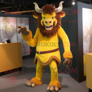 Yellow Minotaur mascot costume character dressed with a Skinny Jeans and Bracelets