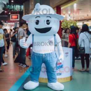 White Candy Box mascot costume character dressed with a Denim Shorts and Caps