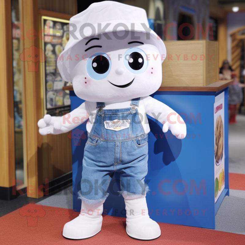 White Candy Box mascot costume character dressed with a Denim Shorts and Caps White Candy Box mascot costume character dressed with a Denim Shorts and Caps