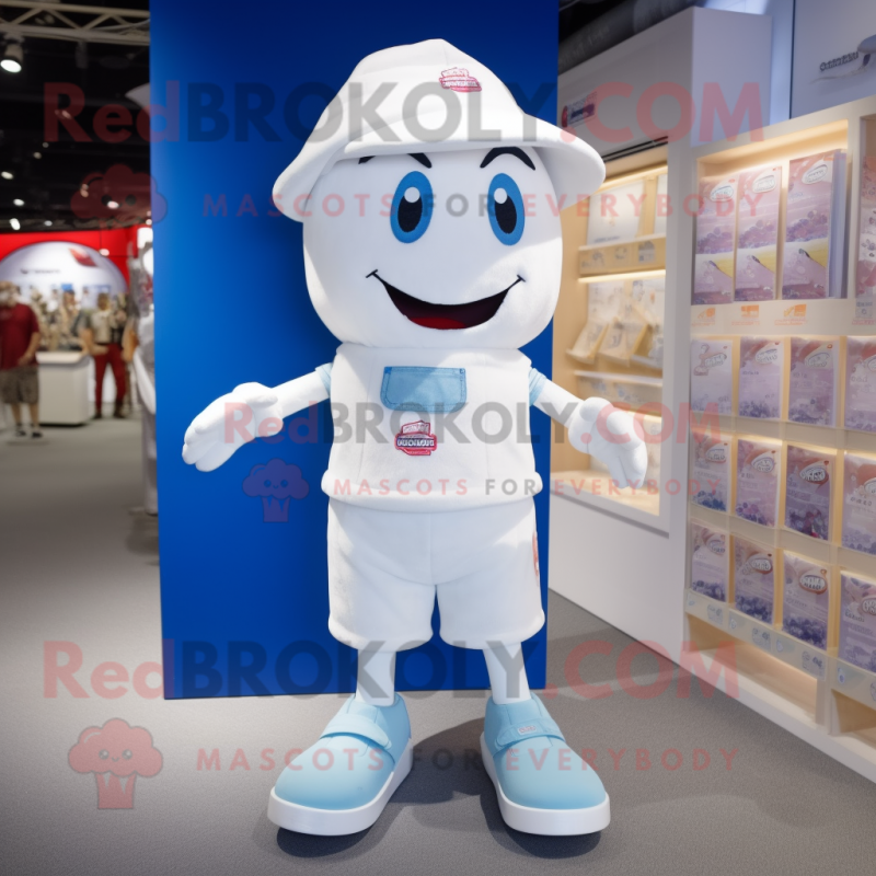 White Candy Box mascot costume character dressed with a Denim Shorts and Caps White Candy Box mascot costume character dressed with a Denim Shorts and Caps