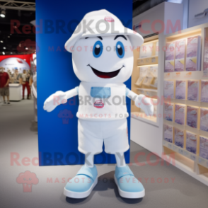 White Candy Box mascot costume character dressed with a Denim Shorts and Caps