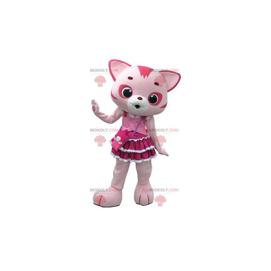 Mascotte gatto rosa e bianco con un bel vestito - Redbrokoly.com