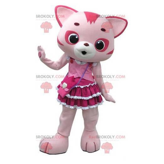 Mascotte de chat rose et blanc avec une jolie robe -