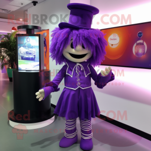 Purple Ring Master mascot costume character dressed with a Cover-up and Hair clips