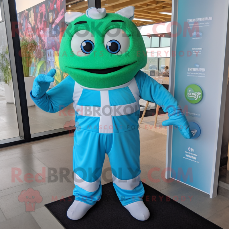 Cyan Lasagna mascot costume character dressed with a Rash Guard and Suspenders Cyan Lasagna mascot costume character dressed with a Rash Guard and Suspenders