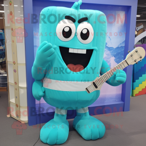 Cyan Lasagna mascot costume character dressed with a Rash Guard and Suspenders