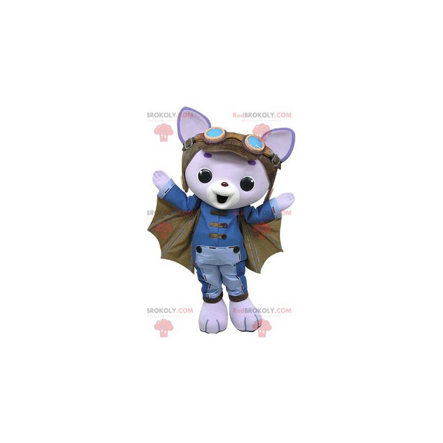 Mascote gato roxo com asas e capacete de piloto - Redbrokoly.com