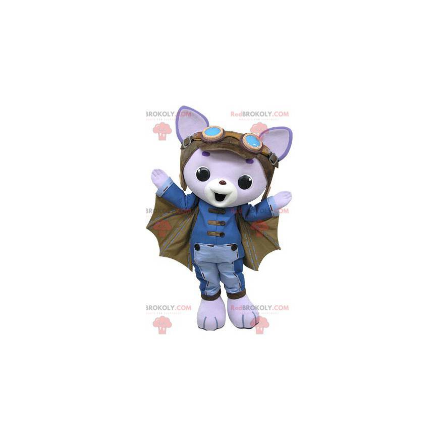 Mascotte gatto viola con ali e casco da pilota - Redbrokoly.com