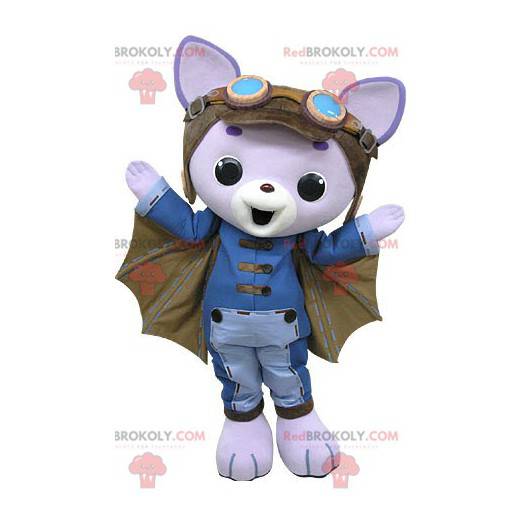Mascote gato roxo com asas e capacete de piloto - Redbrokoly.com