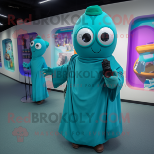 Teal Camera mascot costume character dressed with a Wrap Dress and Cummerbunds