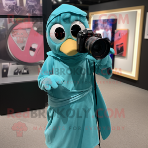 Teal Camera mascot costume character dressed with a Wrap Dress and Cummerbunds