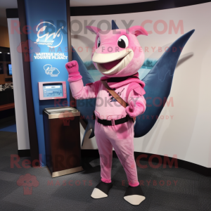 Pink Swordfish mascot costume character dressed with a V-Neck Tee and Wallets