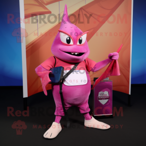 Pink Swordfish mascot costume character dressed with a V-Neck Tee and Wallets