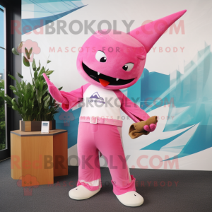Pink Swordfish mascot costume character dressed with a V-Neck Tee and Wallets