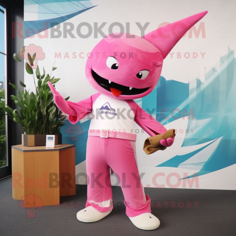 Pink Swordfish mascot costume character dressed with a V-Neck Tee and Wallets Pink Swordfish mascot costume character dressed with a V-Neck Tee and Wallets