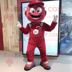 Maroon Bracelet mascot costume character dressed with a Dungarees and Lapel pins