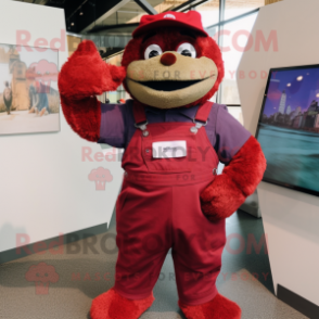 Maroon Bracelet mascot costume character dressed with a Dungarees and Lapel pins