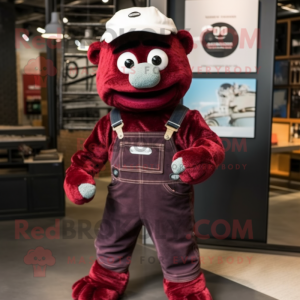 Maroon Bracelet mascot costume character dressed with a Dungarees and Lapel pins