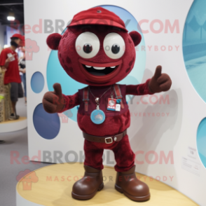 Maroon Bracelet mascot costume character dressed with a Dungarees and Lapel pins