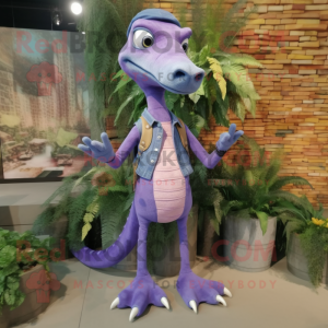 Lavender Coelophysis mascot costume character dressed with a Skinny Jeans and Hair clips