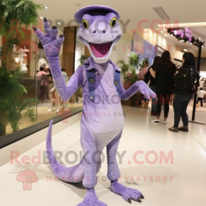 Lavender Coelophysis mascot costume character dressed with a Skinny Jeans and Hair clips