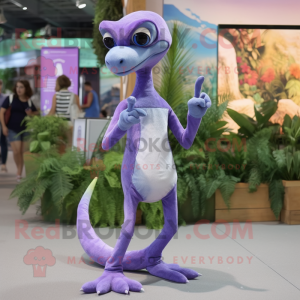 Lavender Coelophysis mascot costume character dressed with a Skinny Jeans and Hair clips