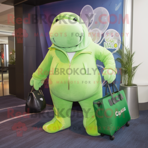 Lime Green Stellar'S Sea Cow mascot costume character dressed with a Suit Jacket and Handbags
