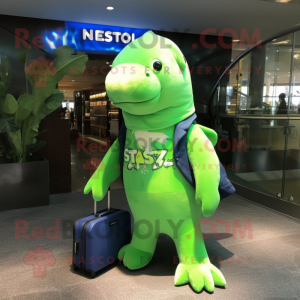 Lime Green Stellar'S Sea Cow mascot costume character dressed with a Suit Jacket and Handbags
