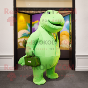 Lime Green Stellar'S Sea Cow mascot costume character dressed with a Suit Jacket and Handbags