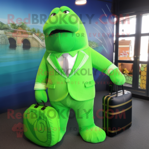 Lime Green Stellar'S Sea Cow mascot costume character dressed with a Suit Jacket and Handbags