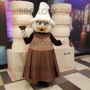 Beige Chocolate Bars mascot costume character dressed with a Ball Gown and Caps