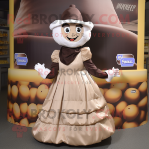 Beige Chocolate Bars mascot costume character dressed with a Ball Gown and Caps