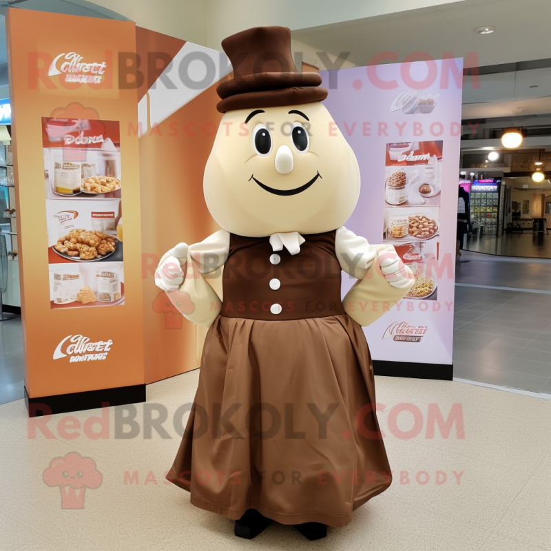 Beige Chocolate Bars mascot costume character dressed with a Ball Gown and Caps Beige Chocolate Bars mascot costume character dressed with a Ball Gown and Caps