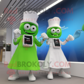 Green Chief mascot costume character dressed with a Wedding Dress and Smartwatches