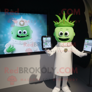 Green Chief mascot costume character dressed with a Wedding Dress and Smartwatches