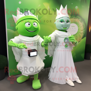 Green Chief mascot costume character dressed with a Wedding Dress and Smartwatches