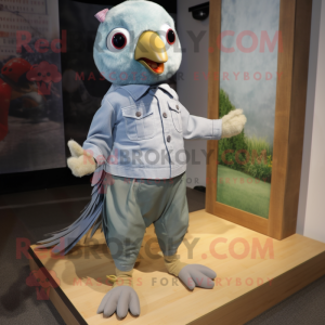 Olive Dove mascot costume character dressed with a Denim Shirt and Foot pads