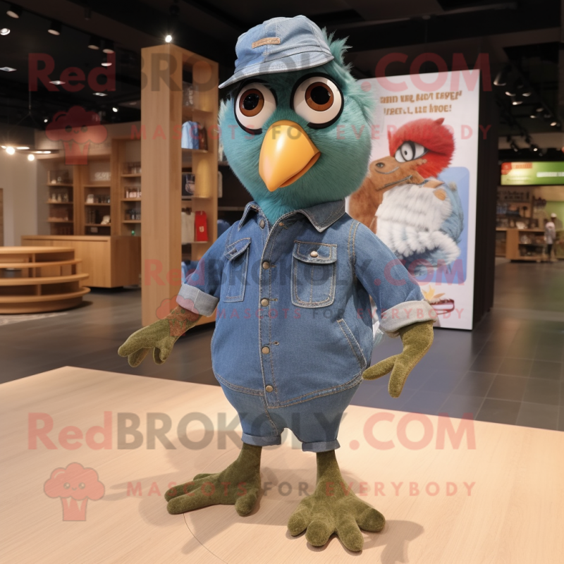Olive Dove mascot costume character dressed with a Denim Shirt and Foot pads Olive Dove mascot costume character dressed with a Denim Shirt and Foot pads
