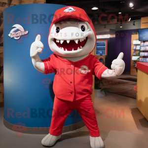 Red Shark mascot costume character dressed with a Button-Up Shirt and Mittens